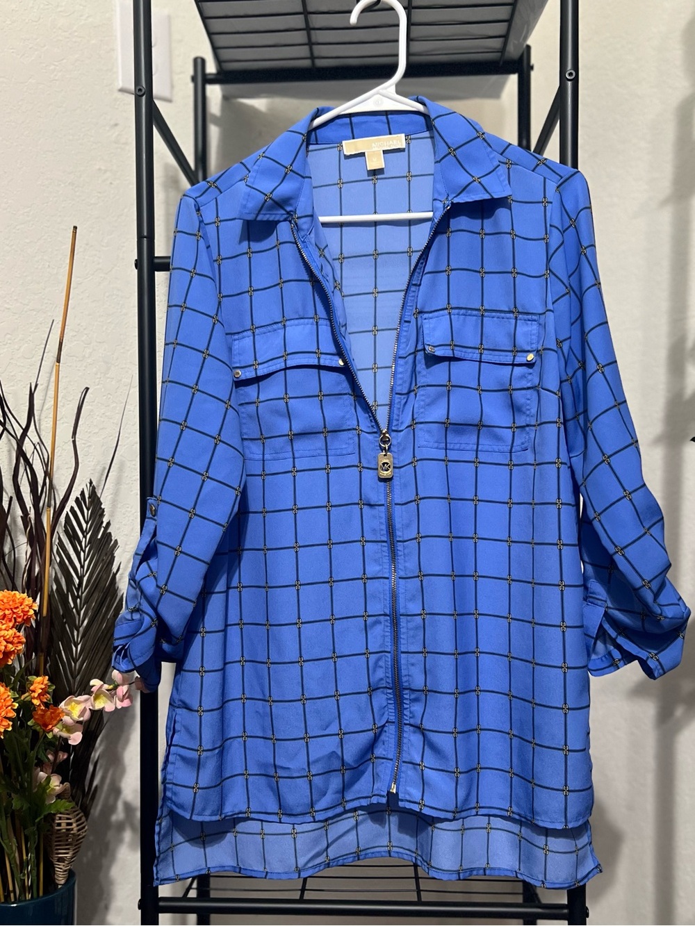 Michael Kors Women's Blue Grid-Print Zip-Front Button Down Shirt